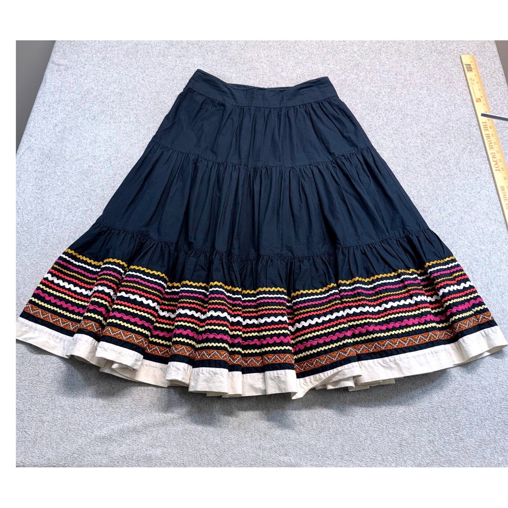 French Connection Ric Rac Spin Skirt Womens 4 Black Tiered Boho Colorful Trim